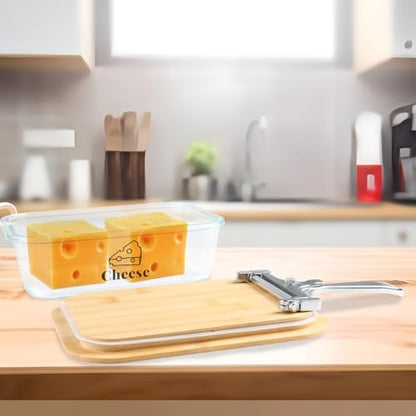 Cheese Container for Refrigerator,Glass cheese slice holder with Wooden Lid&Cheeses Cutter,Lunch Deli Meat Containers for Fridge,BPA-Free Shredded Cream Block Cheeses Storage Box keeper
