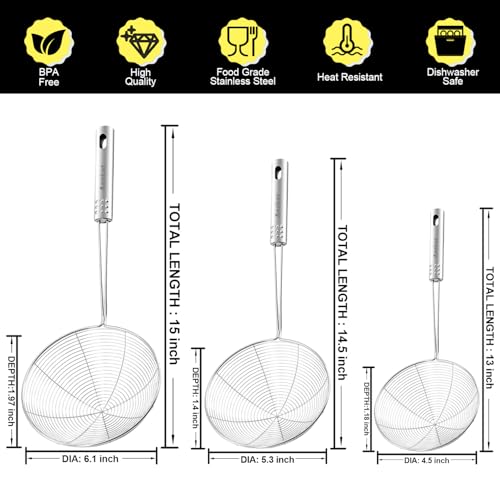 Anaeat Stainless Steel Spider Skimmer, Set of 3 Professional Kitchen Pasta Strainer Spoon with Long Handle - Asian Strainer Ladle Wire Skimmer Spoons for Cooking and Frying (4.5"+5.3"+6.1") - color: Spider Strainer Skimmer Set of 3