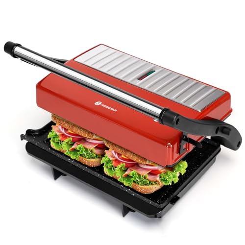 Panini Press Grill, Aigostar 1000W Sandwich Maker with Ceramic Non-stick Plates, Opens 180 Degrees for Any Size Food, 3-in-1 Sandwich Press Electric Grill, Drip Spout & Locking Lid, Red - color: Red