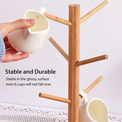 Wood Mug Holder Tree, Detachable Coffee Mug Tree with 6 Hooks, Space Saving Mug Stand, Stylish Coffee Cup Holder for Storage, Display, Drying Mugs, Cups
