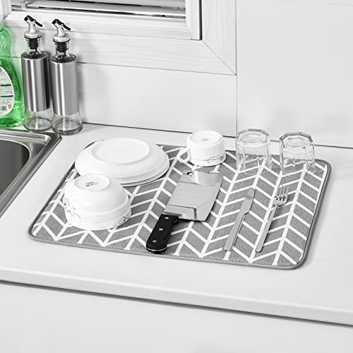SUBEKYU Dish Drying Mat for Kitchen Counter, Absorbent Microfiber Dishes Drainer Mats/Rack Pads, 2 Pack, Light Grey, Branch - color: Gray Branches 2P