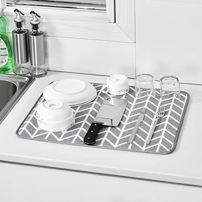 SUBEKYU Dish Drying Mat for Kitchen Counter, Absorbent Microfiber Dishes Drainer Mats/Rack Pads, 2 Pack, Light Grey, Branch - color: Gray Branches 2P