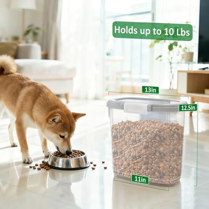 Gray White Airtight Dog Cat Food Storage Container 10 Lbs - Slim Tall Pet Food Treat Container with Lid, Scoop and Cup - Clear Plastic Dry Food Storage Bin for Dogs, Cats, Bird Seeds, Kibble, Pellets - color: Gray White