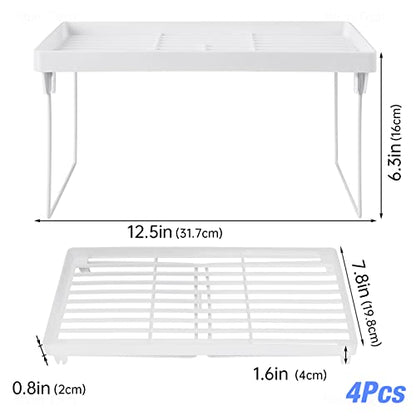 NiHome 4-Pack Stackable Plastic Kitchen Storage Shelf Foldable Rack, White | Stackable Kitchen Cabinet Organizer and Storage Shelves, Expandable Storage Racks for Counter Cabinet Pantry