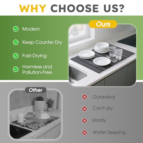 HABUTWAY Large Stone Dish Drying Mat for Kitchen Counter – 24"×16" Collapsible Diatomaceous Earth Mat, Ultra Absorbent & Quick Dry, Foldable Drying Pad for Dishes, Bottles, Cups (Dark Grey) - color: Dark Gray