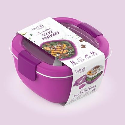 Bentgo Salad Container - 54 oz Bowl with 4-Compartment Toppings Tray, Leak-Proof Dressing Container, Reusable Fork, BPA-Free Lunch Box for Meal Prep & Food Storage; Removable Bento Tray (Purple) - color: Purple