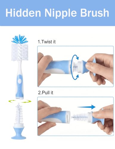 Baby Bottle Brush Set 4 in 1, Baby Bottle Cleaner, with 1P Nylon Bottle Brush, 1P Bottle Cap Brushes, 2P Straw Brushes, Bottle Brush with Nipple Cleaner and Suction Cup, BPA-Free(Blue) - color: Blue-nylon Brush