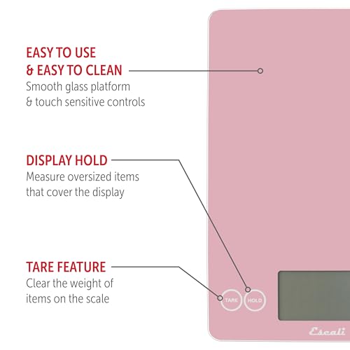 Escali Arti Glass Food Scale Digital Countertop Kitchen, Baking and Cooking Scale with Large Display, 15-Pound Capacity, 9" x 6.5" x .75", Classic Pink - color: Pink