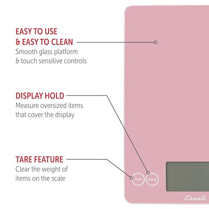 Escali Arti Glass Food Scale Digital Countertop Kitchen, Baking and Cooking Scale with Large Display, 15-Pound Capacity, 9" x 6.5" x .75", Classic Pink - color: Pink
