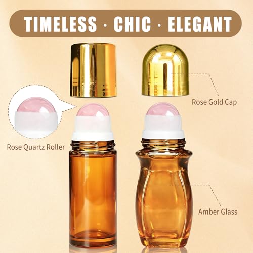 2 Pack Rose Quartz Roller Waisted & Straight Bottles for Oils, 50ml Refillable Amber Glass Roll On Bottles with Natural Crystal Roller Balls, Leak-Proof Travel Perfume Bottle with Gold Caps - size: 2 Pack