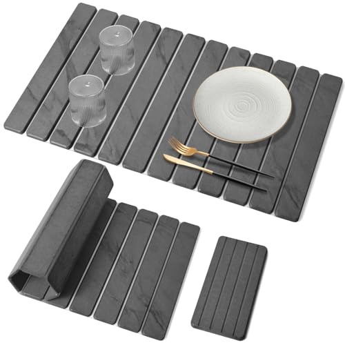 2 PCS Extra Large Stone Dish Drying Mat for Kitchen Counter, 28"×16" Marble Dish Drying Mat with 8"x 4" Coasters, Non - Slip Collapsible Absorbent Mat for Multi - Purpose, Match Any Countertop - color: Gray Marble, size: 28" x 16"