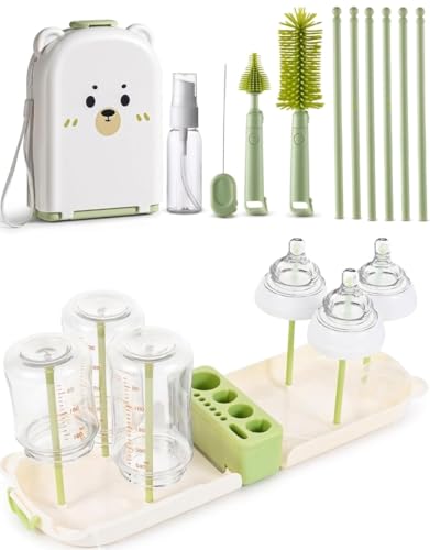 Travel Bottle Cleaner kit, 7in1 Baby Toddler Travel Essential Silicone Bottle Brush Set, Nipple, Drying Rack, Straw, & Breast Pump Cleaning, Soap Dispenser & Organizer Case, Gift Mom - color: Green