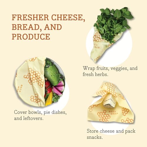 Bee's Wrap Beeswax Wraps for Food - Pack of 5 Assorted Wraps - 3 Medium & 2 Large Food Storage Bags - Meadow Magic & Honeycomb - Plastic Free Made in USA Reusable Kitchen Storage Bags - style: 5 Pack (Meadow Magic & Honeycomb)