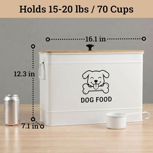 Dog Food Container Airtight 15 lb (50 Cup) Capacity with Metal Scoop - Cute Airtight Dog Food Storage Container with Bamboo Lid - White Metal Kibble Storage Bin for Dogs up to 100 lbs - Big Pet Jar - color: White