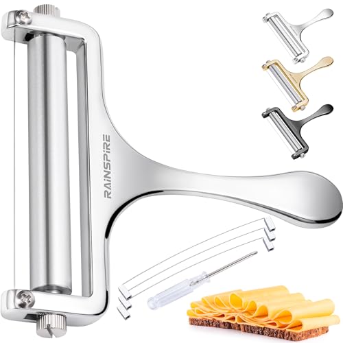 Rainspire Upgraded Cheese Slicer with Replaceable Wires Stainless Steel Cheese Slicers for Block Cheese Adjustable Cheese Cutter for Mozzarella, Cheddar, Gruyere Charcuterie Accessories, Silver - color: Silver