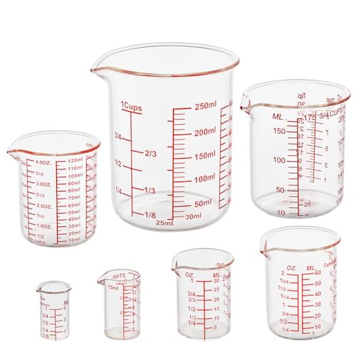 Ackers 7-Piece Glass Measuring Cup Set, Borosilicate Beaker Style Nesting Liquid Measuring Cups - size: 5ml/15ml/30ml/60ml/120ml/150ml/250ml