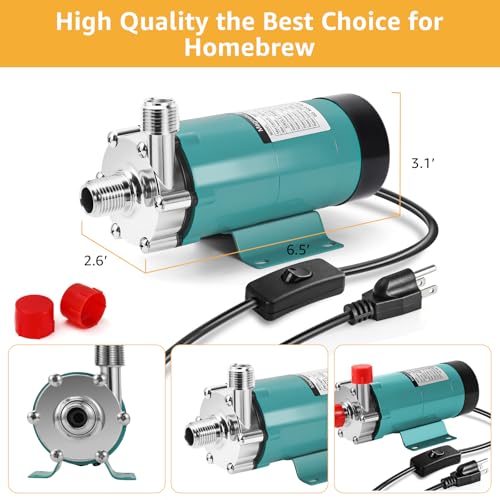 MRbrew Wort Pump With Switch Stainless Steel Magnetic Beer Pump Brewing for Wort Transfer, 1/2”NPT Thread Head 110V Quiet Operation Excellent High Temperature Resistance System for Homebrew (Green) - size: Green Pump(Switch)