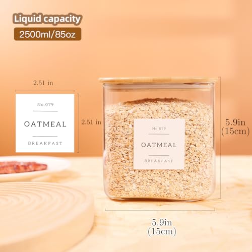 2 Pack Square Glass Flour and Sugar Containers with 132 Kitchen Pantry Labels - Thicken 85 FL OZ Large Glass Storage Jars with Airtight Bamboo Lid - Big Food Canisters for Cookies, Candy, Tea, Coffee - size: 85OZ