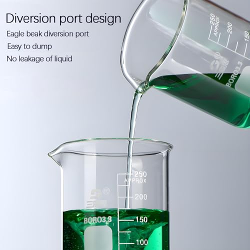TISMART Glass Beaker Measuring Cup Boro 3.3-250/500/1000ML(4pcs 250ml) | Corrosion-resistant, Anti-oxidation, Heat for Lab, Teaching, Craft, Cooking, DIY, Liquid, Science Lab