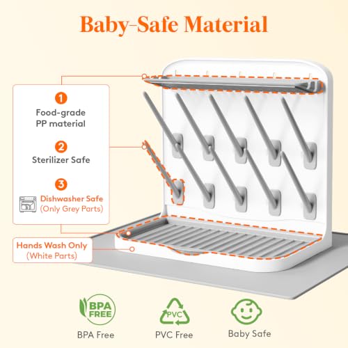 Lifewit Baby Bottle Drying Rack with Drain Mat & 10 Hooks, Newborn Essentials Must Haves, Bottle Storage Organizer for Countertop, Cabinet, Rack Dryer Holder for Pacifiers, Pump Parts, Baby Stuff - size: Medium-10 Hooks