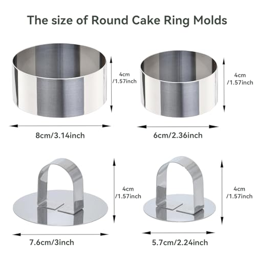 Uncle Jack 4 Pieces Round Cake Ring Molds, Stainless Steel Cake Ring Mold with Pusher, for Kitchen Tools, Baking Pastry, Mousse (Include 4 Rings and 2 Pushers) - size: Round 2 PCS 3 1/8" + 2 PCS 2 3/8"