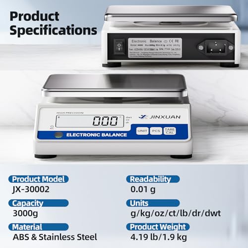 Digital Lab Scale 3000g Gram Scale 0.01g Accuracy Electronic Precision Scale Scientific Analytical Balance Scale Jewelry Scale for Gold Diamond Powder Kitchen, with 500g Weight Backlit LCD - style: 3000gx0.01g