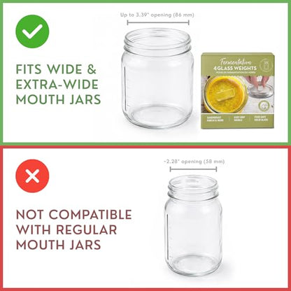 Glass Fermentation Weights for Wide Mouth Mason Jars — Set of 4, Easy Lift Handles — for Sauerkraut, Kimchi, Pickles & Kombucha