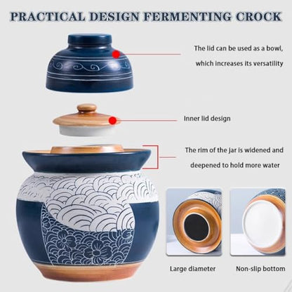 Japanese Style Flowers in The Clouds Kimchi Jar, Household Thickened Ceramic Pickling Crock, Water-Sealed Fermentation Tank, Handmade Desktop Ornaments(3.5kg/123.4oz) - size: 3.5kg/123.4oz