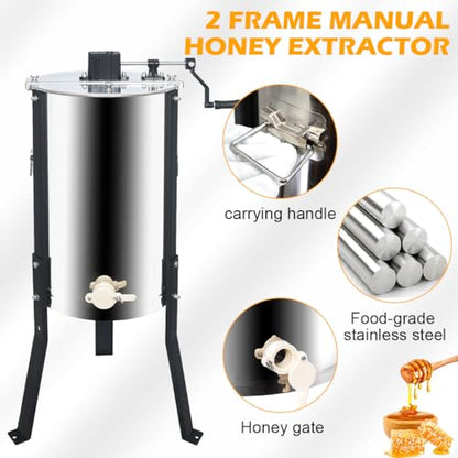 Honey Lake 2 Frame Manual Honey Extractor, Stainless Steel Honeycomb Drum Spinner with Transparent Lid, Beekeeping Equipment for Honey Extraction with Height Adjustable Stand - size: 2 Frame Rack