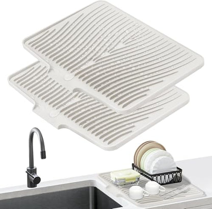 Silicone Dish Drying Mat for Kitchen counter, 15.8"x13" 2Pcs Extra Large Non-Slip Drain Pad with Built-in Drainage, Heat Resistant Dishwasher Safe, Cream - color: Cream-2pcs, size: 15.8" x 13"