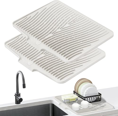 Silicone Dish Drying Mat for Kitchen counter, 19.7"x17" 2Pcs Extra Large Non-Slip Drain Pad with Built-in Drainage, Heat Resistant Dishwasher Safe, Cream - color: Cream-2pcs, size: 19.7" x 17"