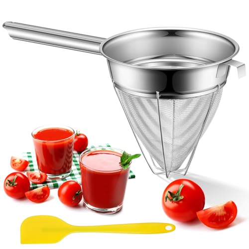 SiliFine Stainless Steel Reinforced Bouillon Sieve Strainer Cone Fine Mesh Strainer with Handle and Rubber Pestle for Kitchen Food Cooking(8 Inch) - size: 8 Inch