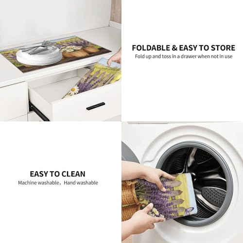 Kitchen Drying Mat for Countertop Lavender Daisy Farmhouse Garden Pattern Non-Slip Kitchen Counter Mat for Dishes Glassware - color: Purple White