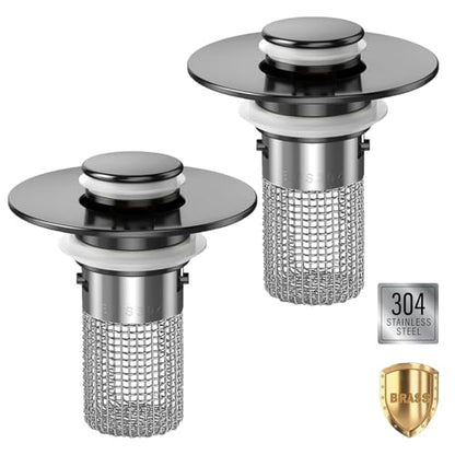 Bathroom Sink Drain Strainer,(2PCS) Pop-up Sink Drain Strainer with Removable Stainless Steel Strainer Basket Hair Catcher, Bathroom Sink Strainer for Bathroom Sink Stopper Replacement - color: Matte Black-2pack
