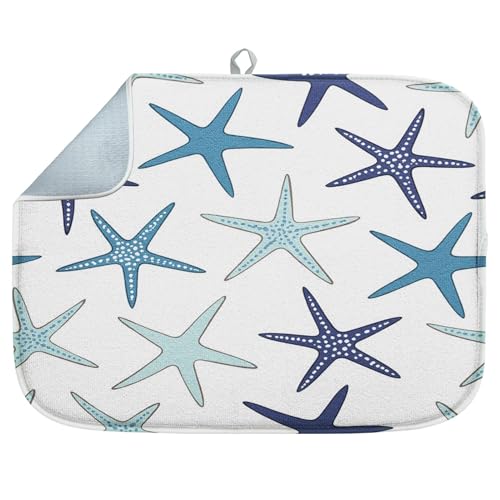 Sanwarm Absorbent Dish Drying Mat, Navy Blue Turquoise Coastal Nautical Starfish Microfiber Pad for Kitchen Counter, Coffee Bar Decor, Heat Resistant and Reversible, 18" x 24" - color: Starfish, size: 18" x 24"