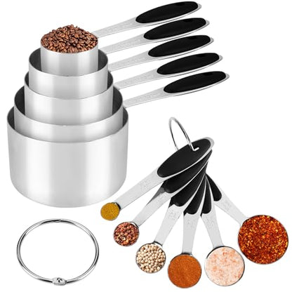 Accmor 11 Piece Metal Measuring Spoons Cups Set, Premium Stainless Steel Stackable Tablespoons Measurement kit, Kitchen Gadgets Cups and Spoon for Dry Liquid Ingredients Cooking Baking (Black Handle) - color: Silver/Black Handle