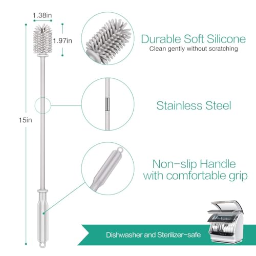Silicone Bottle Brush,Bottle Cleaning Brush,Long Handle,Flexible and Bendable Kitchen Cleaner Brush for Narrow Neck Containers,Water Cup,Baby Bottles,Sports Bottle,Glassware
