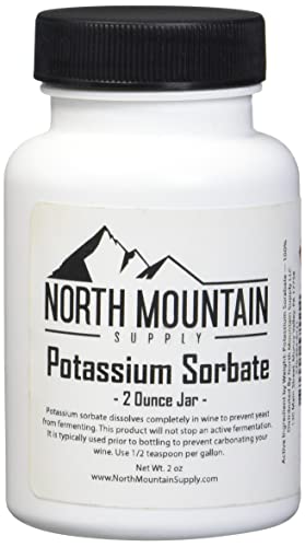 North Mountain Supply 1 Gallon Glass Fermenting Jug with Handle, 6.5 Rubber Stopper, 2-Piece Airlock, Black Plastic Lid - Set of 1 & Food Grade Potassium Sorbate Stabilizer - 2 Ounce Jar