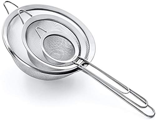 Strainer Set Fine Mesh – Premium 304 Stainless Steel (18/8) – 8″, 5.5″ and 3.3″ Sturdy Kitchen Strainers (Silver) - color: Silver