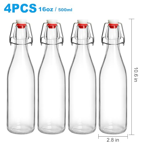 Swing Top Bottles 16oz,4 Pack Glass Brewing Bottles with Airtight Grolsch Closures, Reusable for Kombucha, Beer, Cold Brew, Homemade Beverages Storage