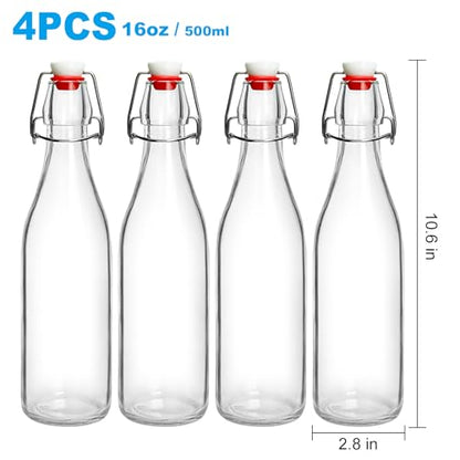 Swing Top Bottles 16oz,4 Pack Glass Brewing Bottles with Airtight Grolsch Closures, Reusable for Kombucha, Beer, Cold Brew, Homemade Beverages Storage