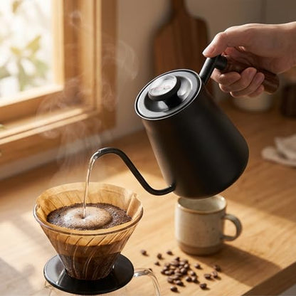 Gooseneck Tea Kettle Stovetop, 850ml Pour Over Coffee Tea Kettle with Thermometer, 304 Stainless Steel Teapot, Ergonomic Wood Handle, Matte Black Coating, Induction & Stove Top Brewing