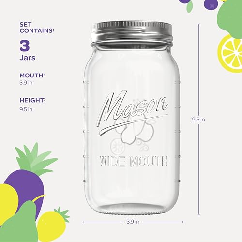 Wide Mouth Mason Jars 64 oz [3 Pack] With Mason Jar Lids and Bands, Mason Jars 64 oz - For Canning, Fermenting, Pickling - Jar Decor - Microwave/Freeze/Dishwasher Safe.