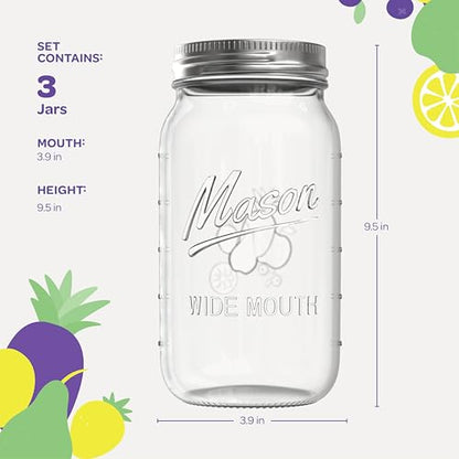 Wide Mouth Mason Jars 64 oz [3 Pack] With Mason Jar Lids and Bands, Mason Jars 64 oz - For Canning, Fermenting, Pickling - Jar Decor - Microwave/Freeze/Dishwasher Safe.