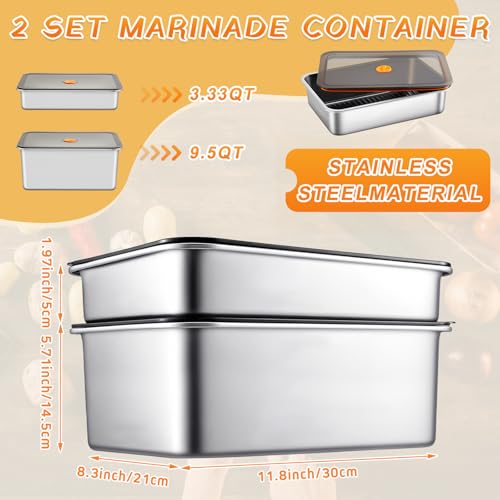 Reallnaive 2 Pcs Stainless Steel Marinade Containers with Lid, 3.3 Qt 9.6 Qt Metal Meat Brining Containers, Brining Prepstorage Box Dishwasher Safe Bpa Free for BBQ Tailgates Storage - size: 3.3 , 9.6 Qt