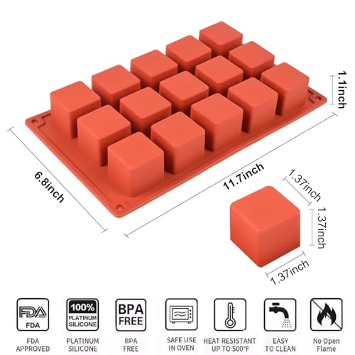 Square Silicone Mold, Cube Mousse Cake French Dessert Baking Molds, 2 Pack 15 Cavity Lollipop Silicone Molds for Soap, Candy Chocolate Cubes, Ice cream,Truffle,Brownie