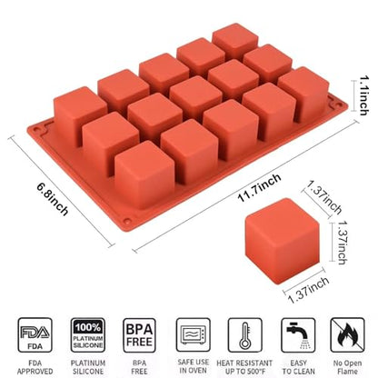 Square Silicone Mold, Cube Mousse Cake French Dessert Baking Molds, 2 Pack 15 Cavity Lollipop Silicone Molds for Soap, Candy Chocolate Cubes, Ice cream,Truffle,Brownie
