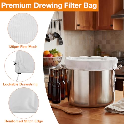 Brew Bags Reusable Strainer Bag 2 Pack 26"X22", 125 Micron Fine Mesh Strainer for Beer, Wine, Jam, Cider or Juice Making, Filter Bag with Adjustable Drawstring Brewing Supplies Homebrewing Equipment