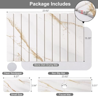 3 PCS Large Stone Dish Drying Mat for Kitchen Counter, Quick Dry Stone Dishes Mats, Sink Faucet Mat, Marble Water Absorbing Diatomaceous Earth Drying Pad for Countertop Tableware, Bottles - color: White Gold Marble