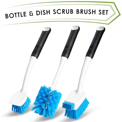 MOSOLAN Dish Brush Set of 3 with Water Bottle Brush, Dish Scrub Brush and Scrubber Brush, Long Handle Kitchen Scrub Brushes for Dishes, Bottles, Cups, Pots, Pans and Sinks, Flat Head - style: Flat Head